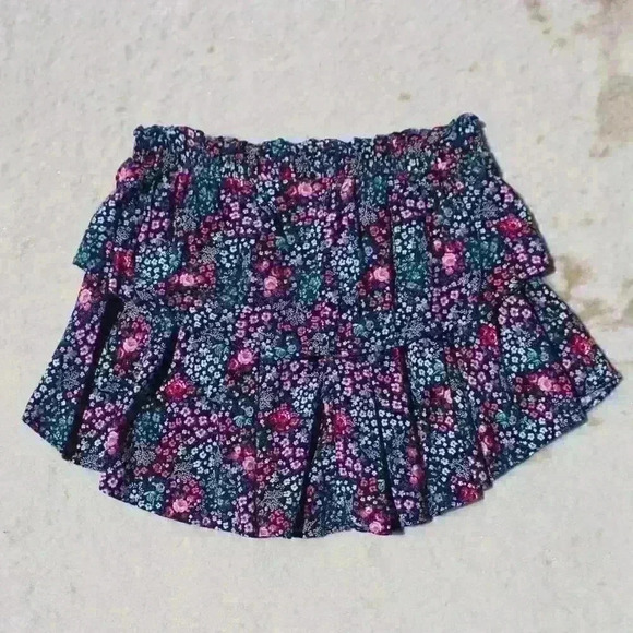 FLORAL Mini Skirt Black Pink Tiered Ruffle Elastic Waist Pull On Stretchy Med - Picture 10 of 10